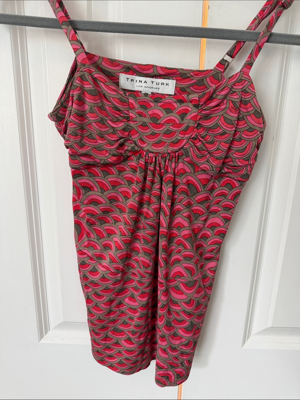 Trina Turk Pink and Olive Scallop-Print flowy top